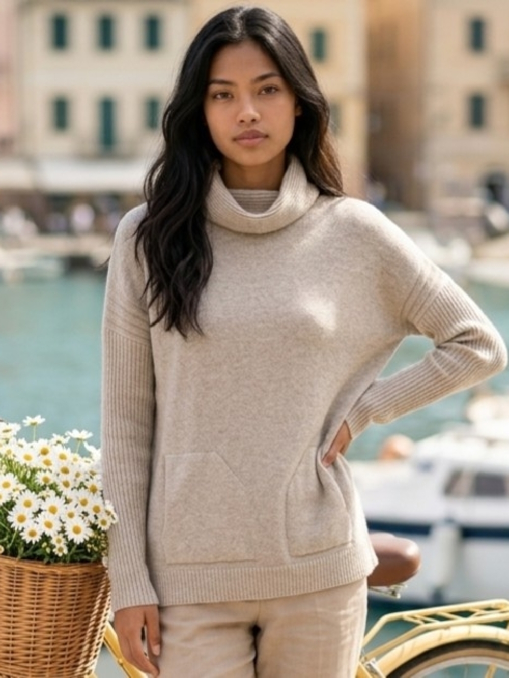 Cyrus Beige Cowl Neck Longsleeve Sweater Ribbed Detailing Front Pockets S EUC